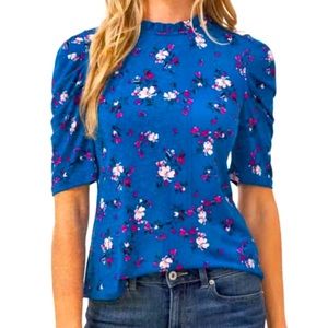 NWT CeCe Floral Print Ruffle Knit Top- XL Sapphire Sky/Multi